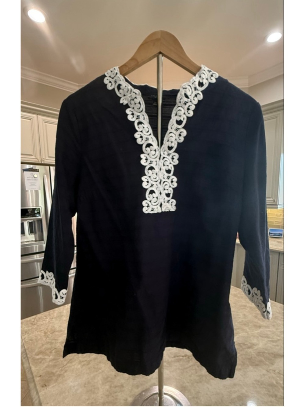 Talbots Petite Large Navy Tunic with White Lace Trim LP, nautical beach resort